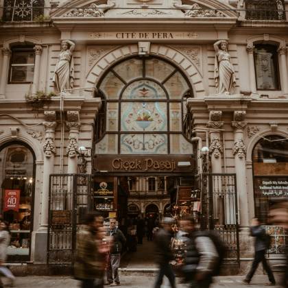Long Exposure Of Cicek Pasaji Showcasing Bustling Street Life In Istanbul.