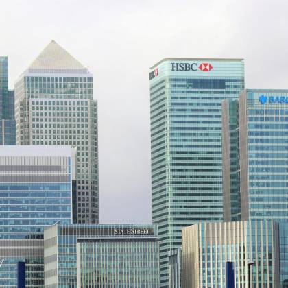 Modern Skyline Of Canary Wharf Featuring Iconic Bank Skyscrapers Like HSBC And Barclays.
