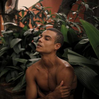 A Shirtless Man Poses Among Lush Tropical Plants Outdoors In São Paulo.